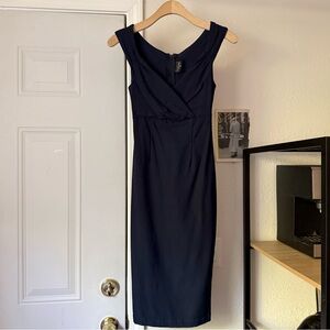 ROCK STEADY navy blue stretch bodycon surplice mod retro pinup midi dress